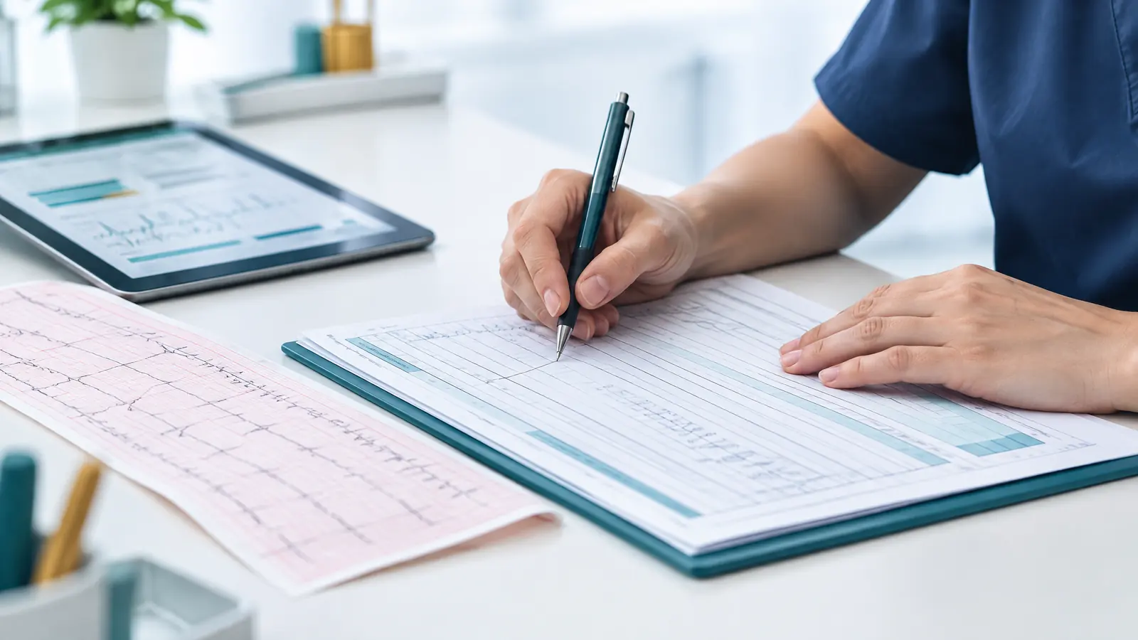 Manos de una enfermera de investigación corrigiendo con una sola línea un documento fuente junto a un trazado de ECG