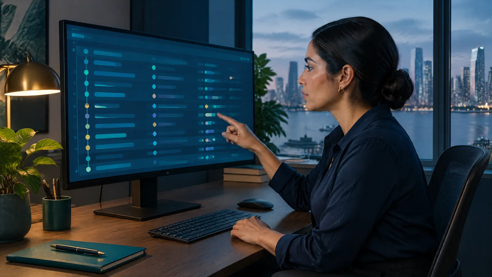 Gestora de datos señalando un historial de cambios en un monitor en una oficina de investigación